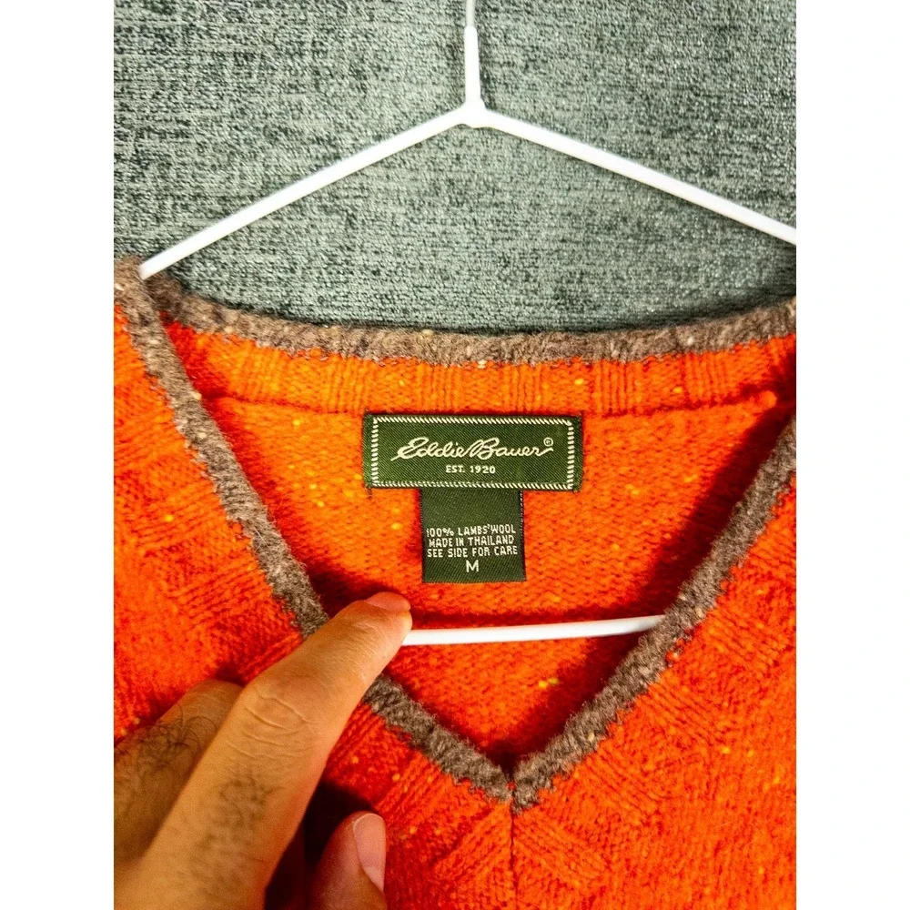 VTG‎ Eddie Bauer Sweater Womens M V Neck Orange Lambswool Aztec Southwestern